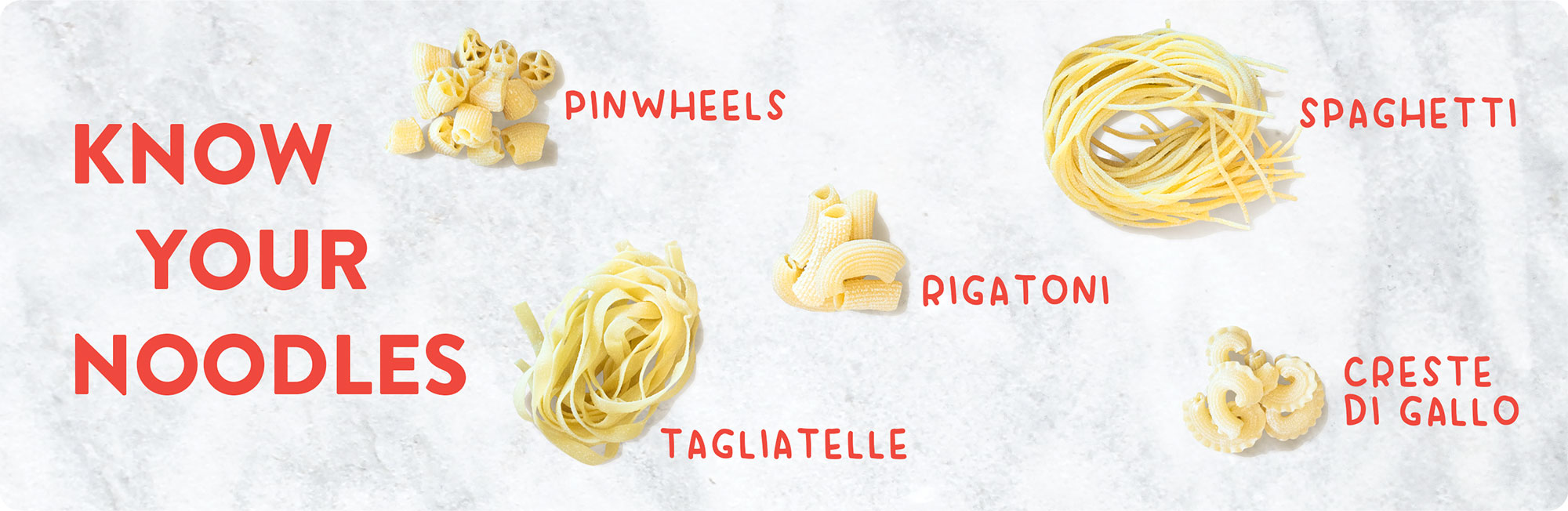 Know your noodles. Images of pinwheel, spaghetti, rigatoni, tagliatelle, and creste di gallo.